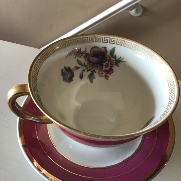 Vintage Fine Bone China Dark Pink Gold Floral Teacup & Saucer Set (Czech) - Picture 4 of 7